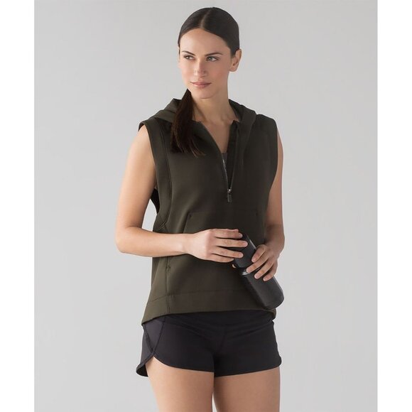 LULULEMON Re-Form Dark Olive Green Stretch Glyde Waterproof Hooded Vest, Size 8 - Picture 1 of 16